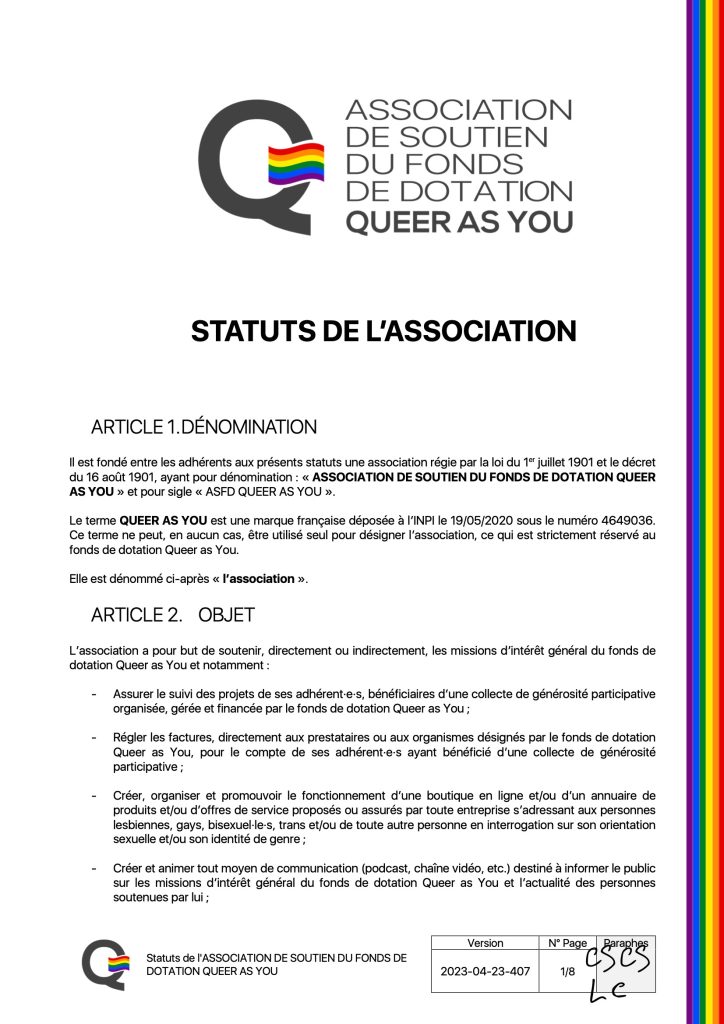 ASSOCIATION DE SOUTIEN DU FONDS DE DOTATION QUEER AS YOU - Statuts - version 2023-04-23-407 Page 2 de 9