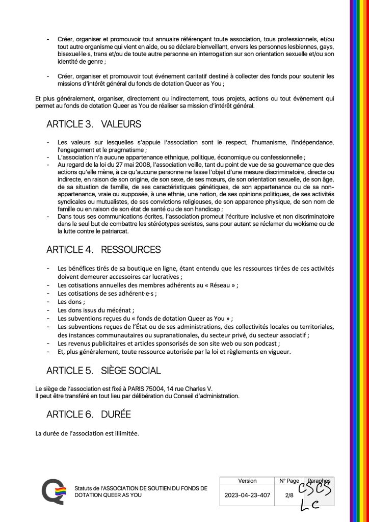 ASSOCIATION DE SOUTIEN DU FONDS DE DOTATION QUEER AS YOU - Statuts - version 2023-04-23-407 Page 3 de 9