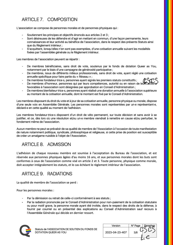 ASSOCIATION DE SOUTIEN DU FONDS DE DOTATION QUEER AS YOU - Statuts - version 2023-04-23-407 Page 4 de 9