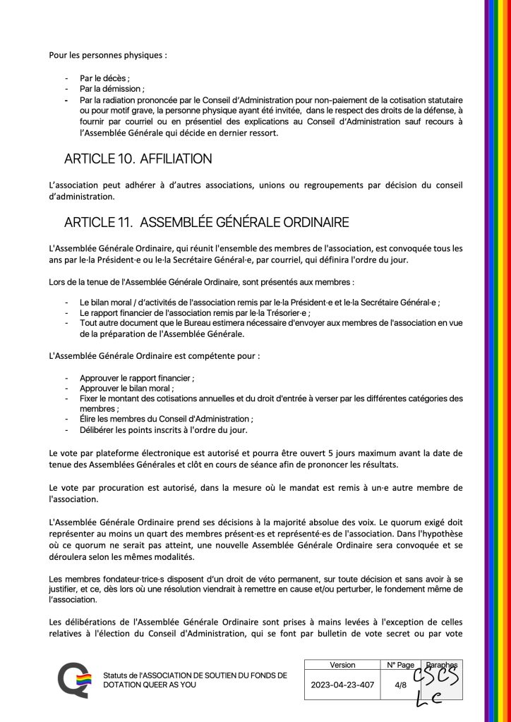 ASSOCIATION DE SOUTIEN DU FONDS DE DOTATION QUEER AS YOU - Statuts - version 2023-04-23-407 Page 5 de 9