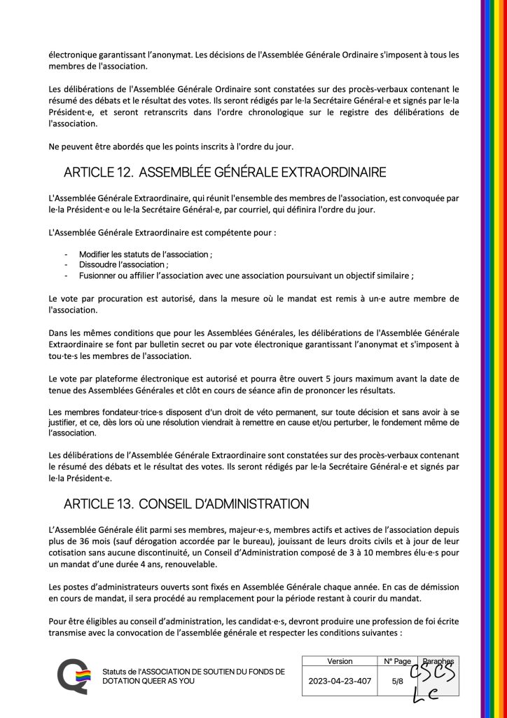 ASSOCIATION DE SOUTIEN DU FONDS DE DOTATION QUEER AS YOU - Statuts - version 2023-04-23-407 Page 6 de 9