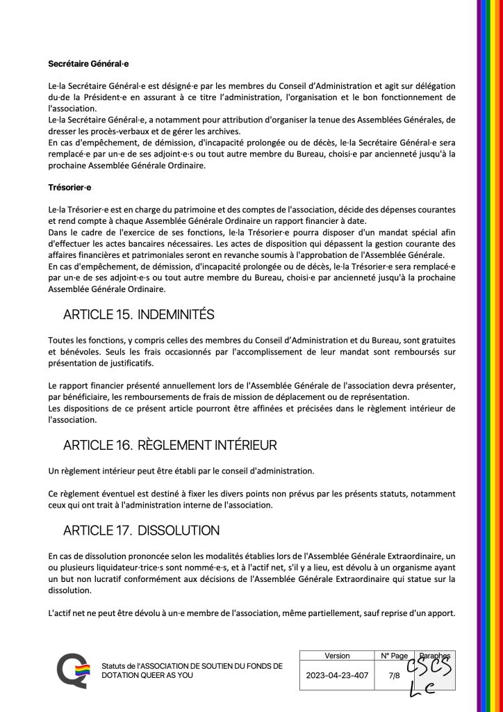 ASSOCIATION DE SOUTIEN DU FONDS DE DOTATION QUEER AS YOU - Statuts - version 2023-04-23-407 Page 8 de 9